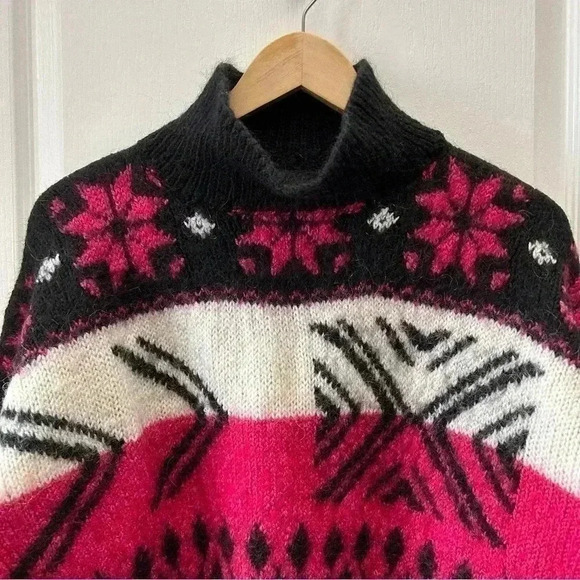 Handmade Knit Wool Sweater Fair Isle Cropped Cowl Neck Black White Pink Small - Picture 5 of 15